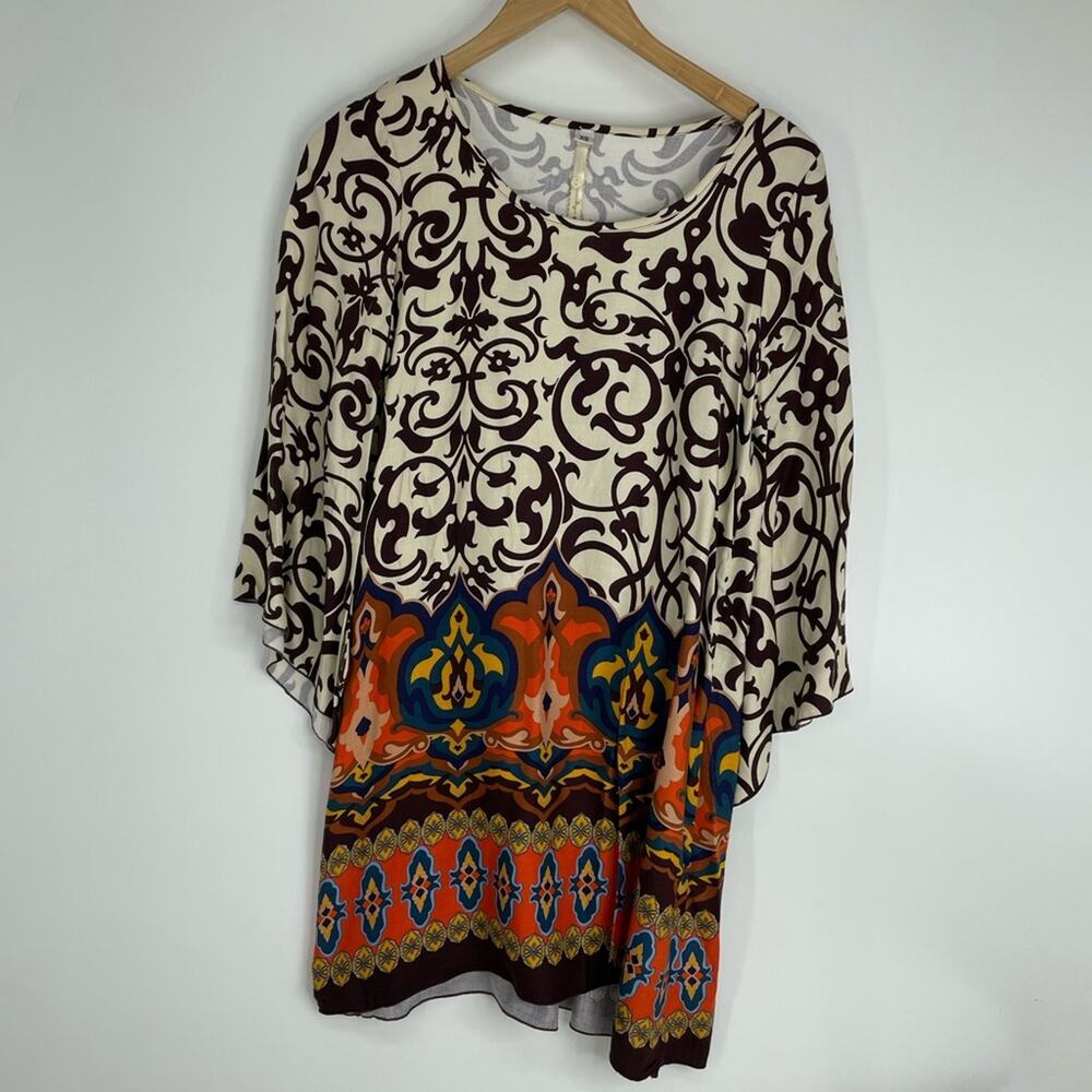 Uncle Frank Floral Browns Bell Sleeves Lightweight Shift Shirt Dress Boutique